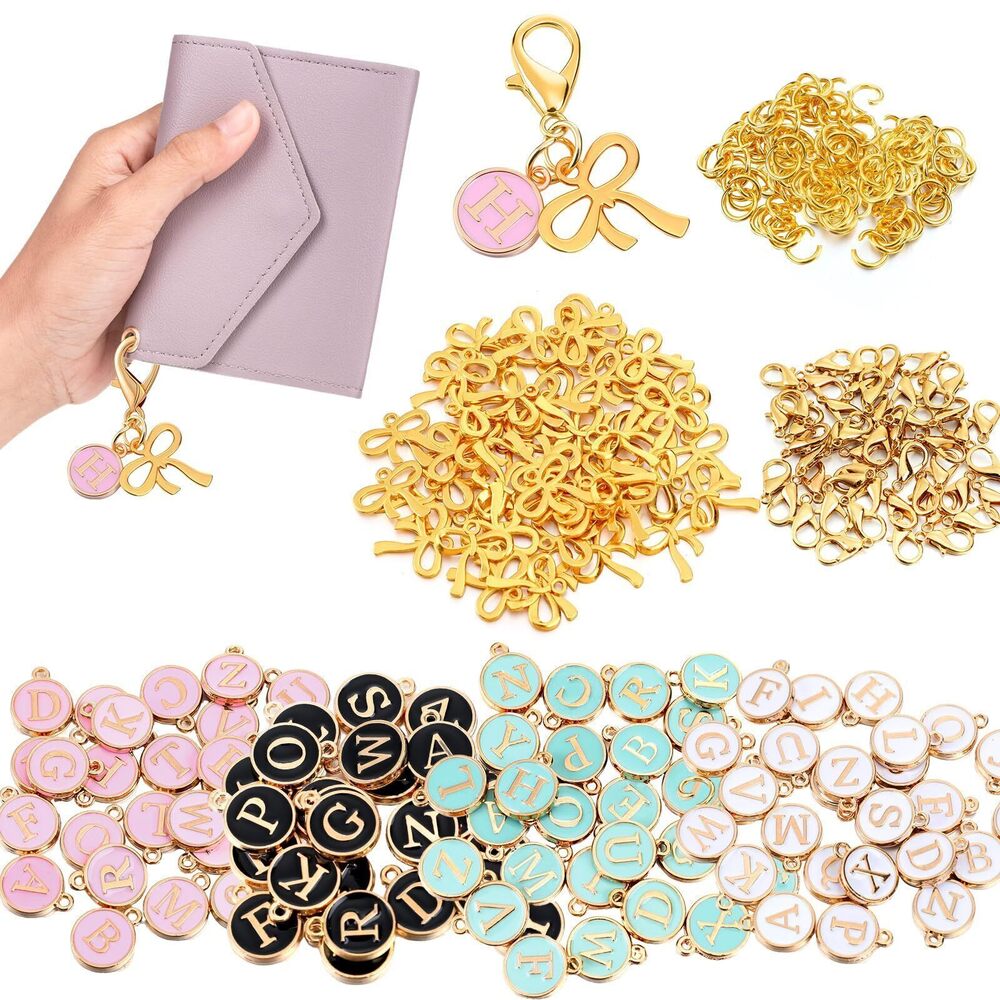 2699 364 Pcs Gold Bow Initial Badge Charm DIY Keychain Making Kit 52 Bow